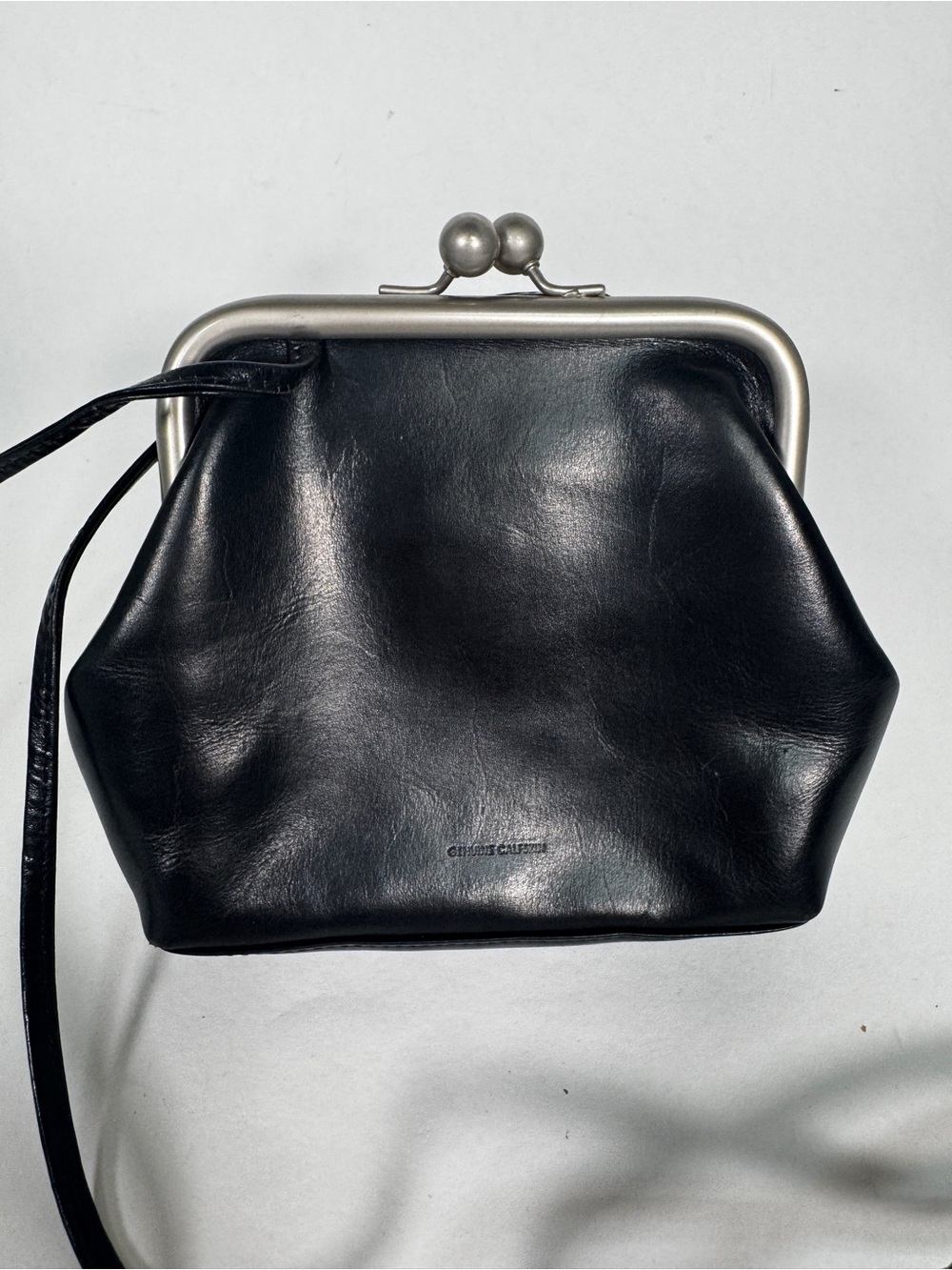 Black Genuine Calfskin Leather Kiss Lock Crossbody Frame Bag